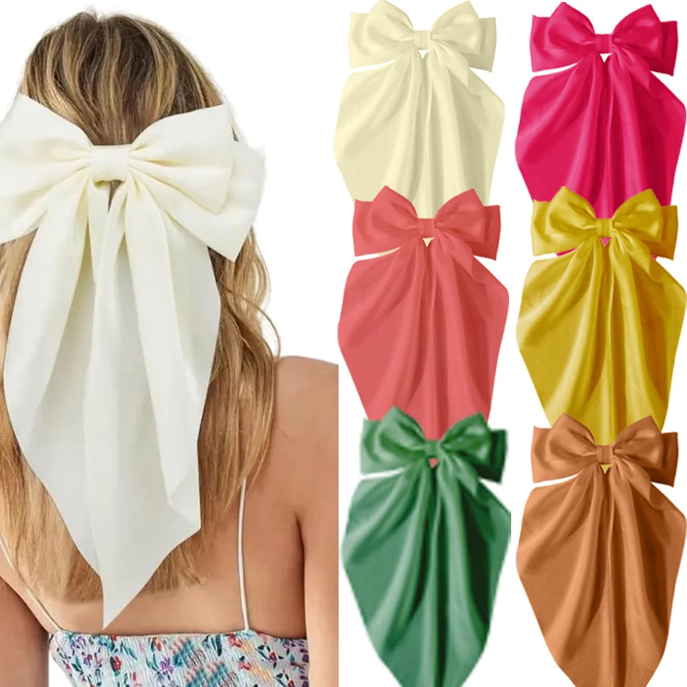 2/3/4/6/12 unids/set satén sedoso cinta con lazo de gran tamaño Clip para el cabello para mujeres pasadores Clips de Metal accesorios estéticos para el cabello