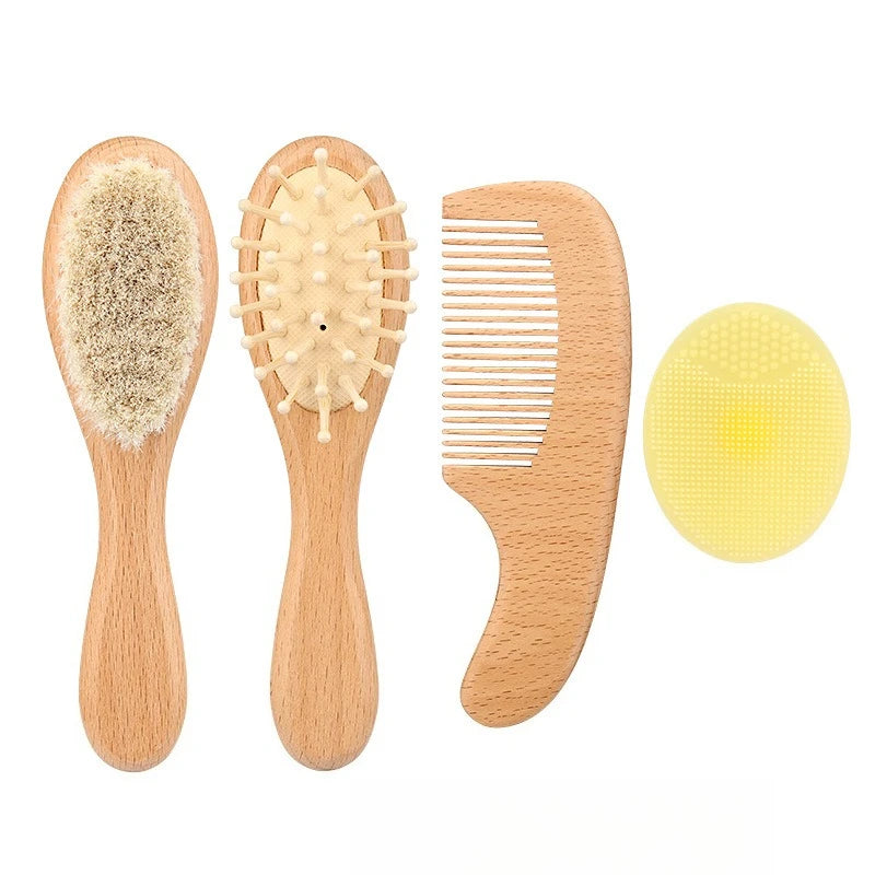 Juego de 4 Uds de cepillos y peines para bebé, cepillo de masaje de pelo de cabra Natural Ultra suave de madera para recién nacido, juego de peines para niño y niña
