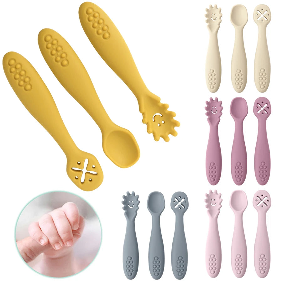 Juego de utensilios de cucharas de aprendizaje para bebé, juego de cucharas de alimentación para recién nacido, cubiertos de destete, vajilla para niños, 3 uds.