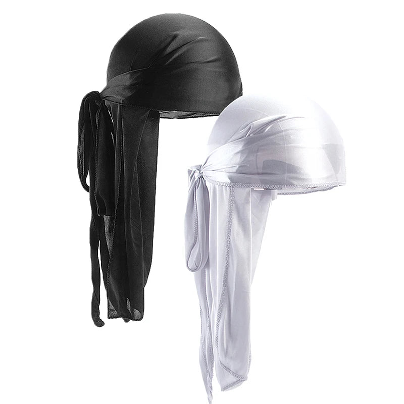 2 uds. Durags de satén sedoso para hombres, gorros de cola larga de diseñador, gorros de trapos Doo, gorros Du-rags para mujeres, corbata de satén de seda, gorro de trapos para ondas