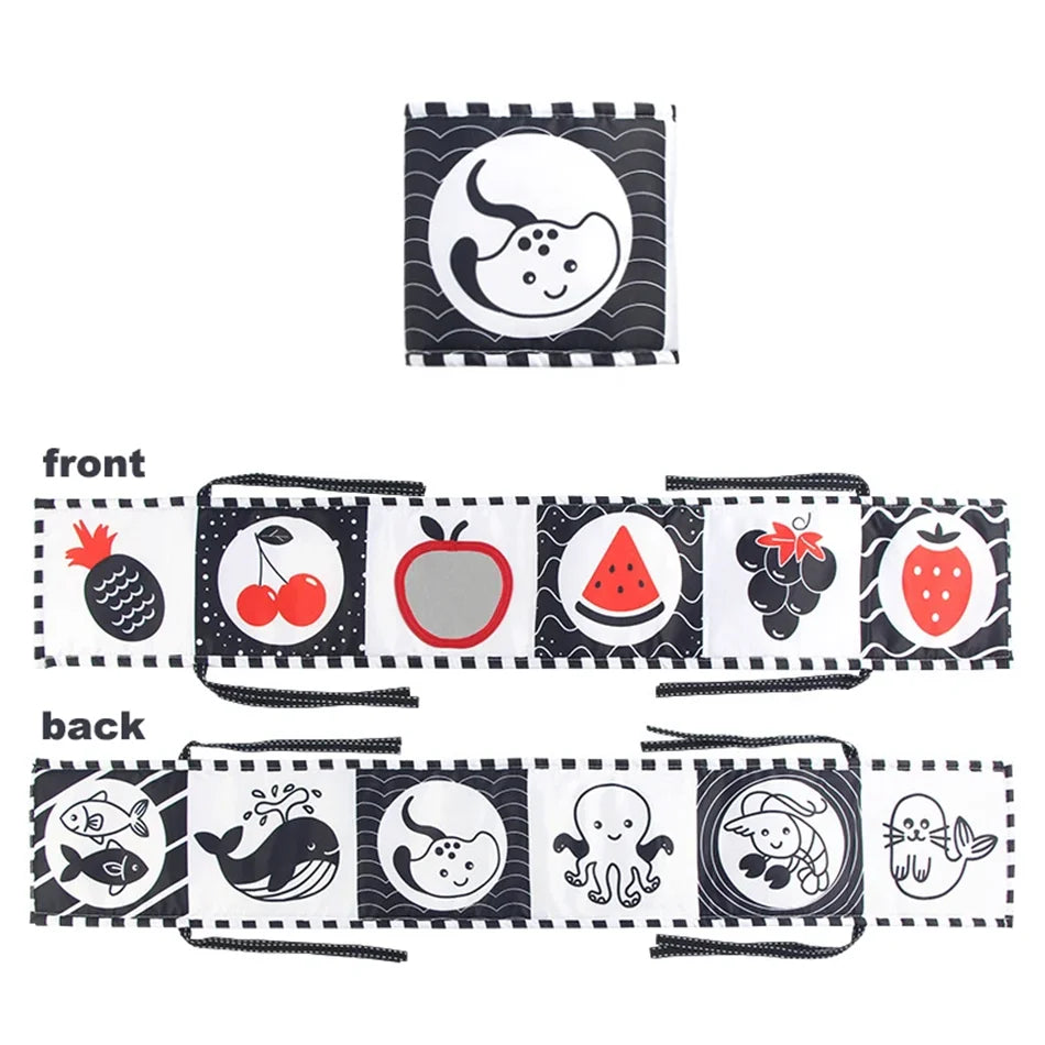 Libro de tela para bebé, juguetes de alto contraste para bebé de 0 a 36 meses, juguetes para cuna para recién nacido, libros de tela sensoriales de animales en blanco y negro, juguetes Montessori