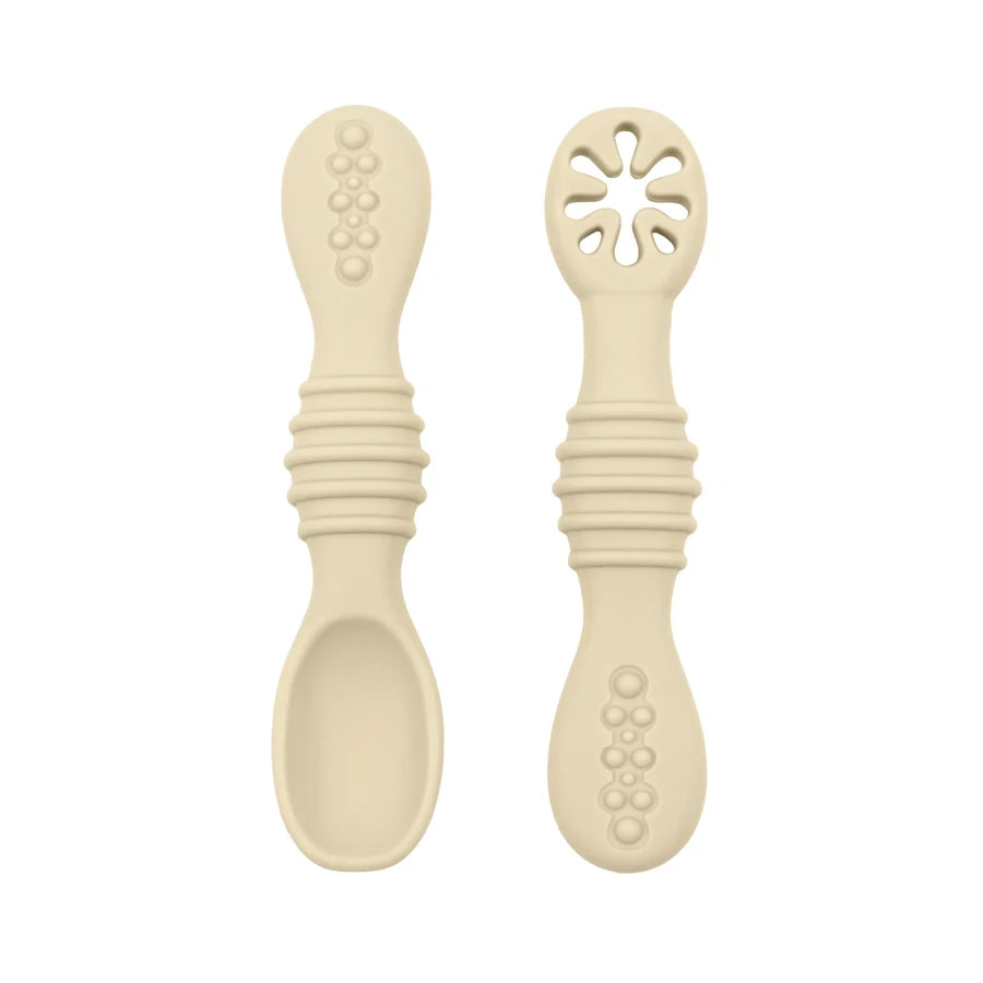 Juego de cucharas de aprendizaje para bebé, cuchara adhesiva de silicona de calidad alimentaria, cubiertos para niños, cuchara de entrenamiento, vajilla de alimentación, 2 uds.
