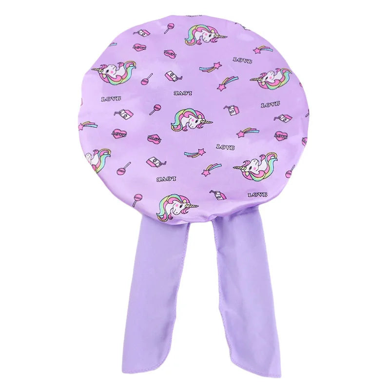 Gorro de dormir con estampado de dibujos animados de arcoíris, gorro de satén para dormir, cuidado del cabello de seda para bebés, gorro de cocina para niños, gorro de seda satinada para dormir en niños pequeños