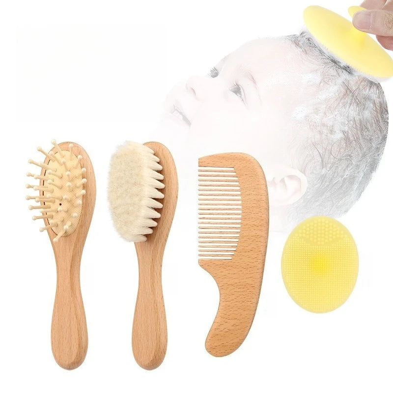 Juego de 4 Uds de cepillos y peines para bebé, cepillo de masaje de pelo de cabra Natural Ultra suave de madera para recién nacido, juego de peines para niño y niña