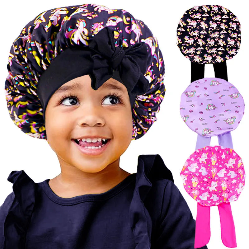 Gorro de dormir con estampado de dibujos animados de arcoíris, gorro de satén para dormir, cuidado del cabello de seda para bebés, gorro de cocina para niños, gorro de seda satinada para dormir en niños pequeños