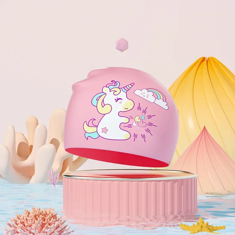 Gorros de natación para niños, protección para los oídos, gorro de natación de silicona suave para niños y niñas, gorro de baño bonito de dibujos animados, accesorios para piscina