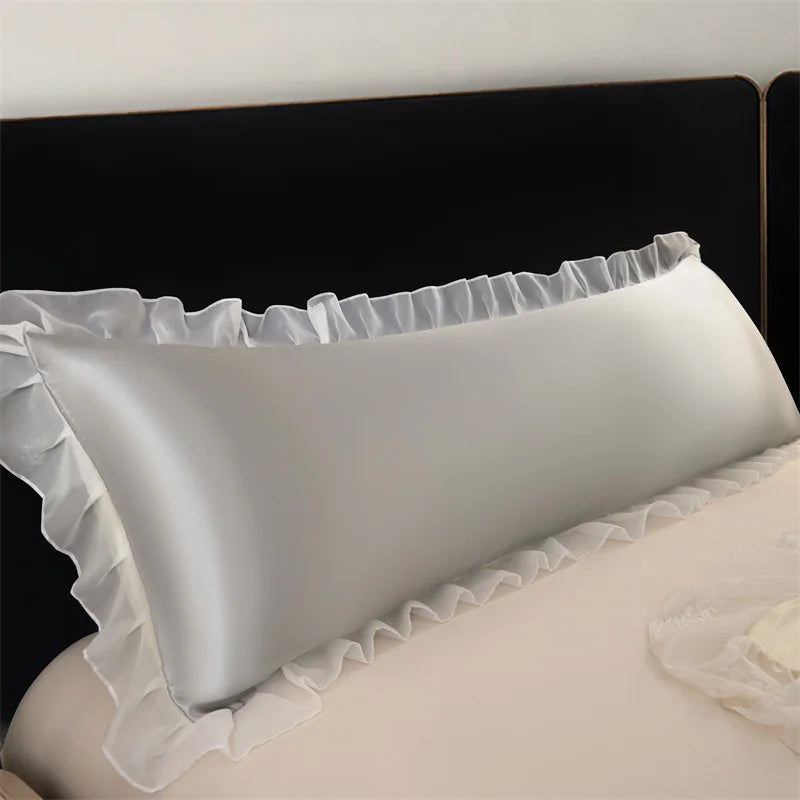 1pc Satin Silk Pillowcase with Ruffles 48x120/150/180cm Double Pillowcase Cover with Lace Smooth Long Pillow Sham for Summer