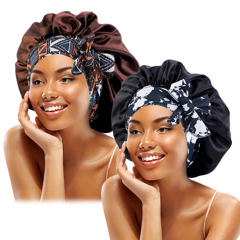 2 unids/lote, diadema con estampado bohemio, gorro de satén con cordones, gorro para el pelo con lazo, gorro elástico para dormir de noche, gorros de baño para ducha para mujer