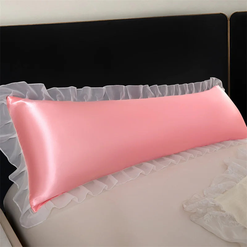 1pc Satin Silk Pillowcase with Ruffles 48x120/150/180cm Double Pillowcase Cover with Lace Smooth Long Pillow Sham for Summer