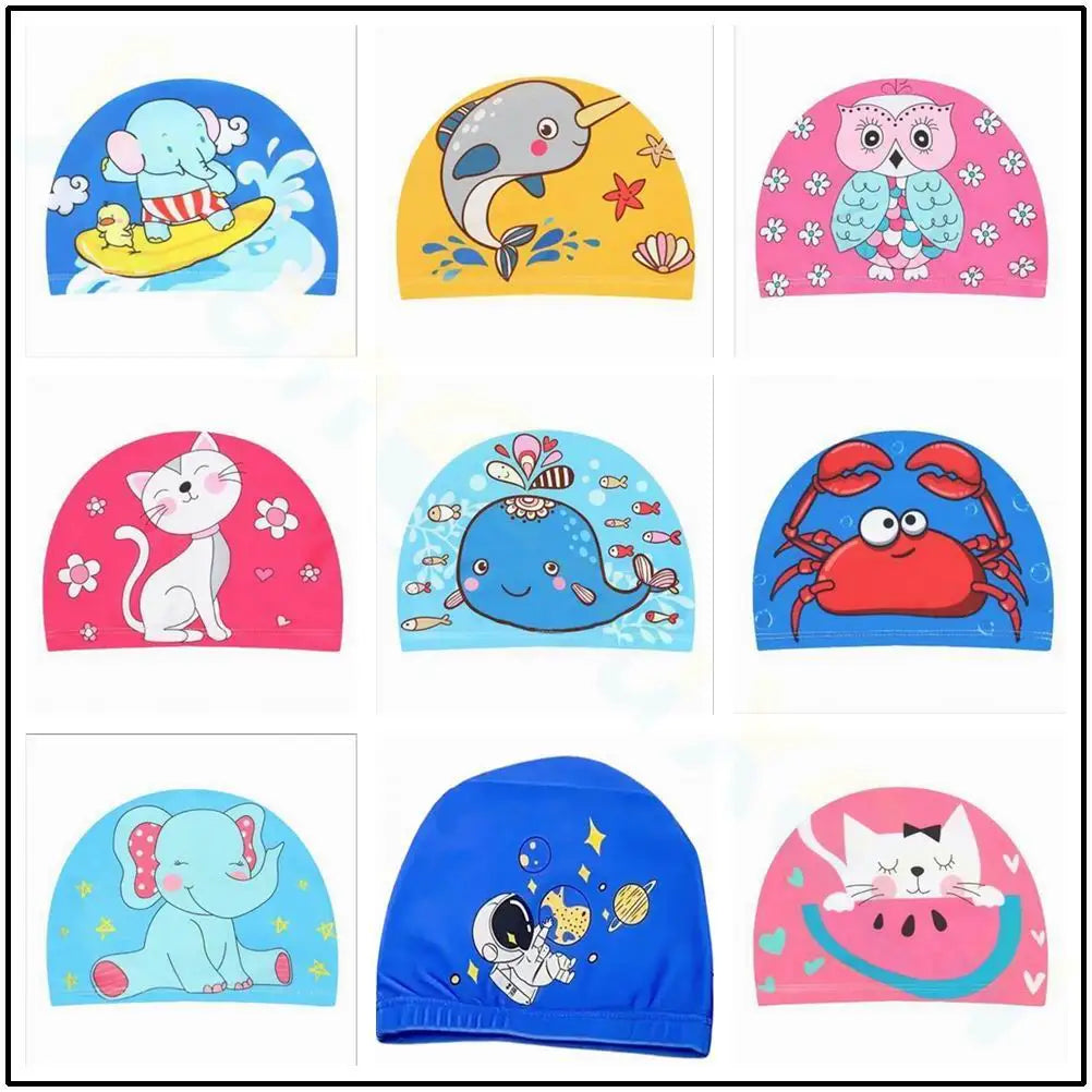 Gorro de natación para niños, bonito gorro de tela de dibujos animados para piscina, deportes acuáticos, protege las orejas, gorros de baño para niños y niñas