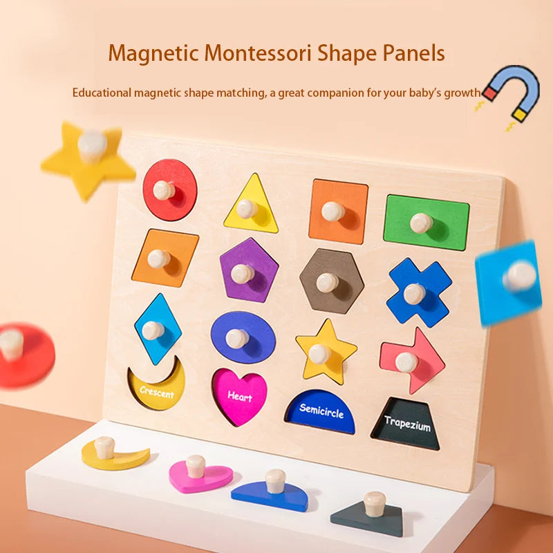 Rompecabezas de ayuda para enseñanza preescolar Montessori, tablero con incrustaciones de formas geométricas magnéticas Montessori, tablero de agarre manual con forma de madera, Juguetes