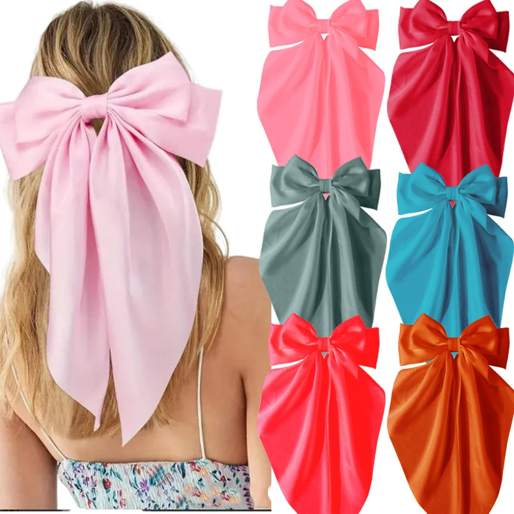 2/3/4/6/12 unids/set satén sedoso cinta con lazo de gran tamaño Clip para el cabello para mujeres pasadores Clips de Metal accesorios estéticos para el cabello
