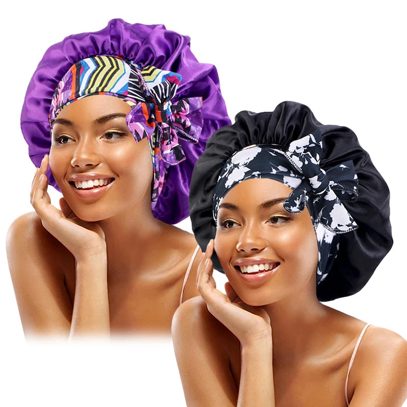 2 unids/lote, diadema con estampado bohemio, gorro de satén con cordones, gorro para el pelo con lazo, gorro elástico para dormir de noche, gorros de baño para ducha para mujer