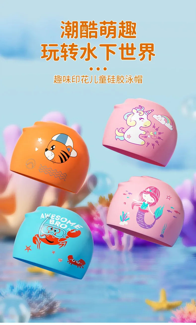 Gorros de natación para niños, protección para los oídos, gorro de natación de silicona suave para niños y niñas, gorro de baño bonito de dibujos animados, accesorios para piscina