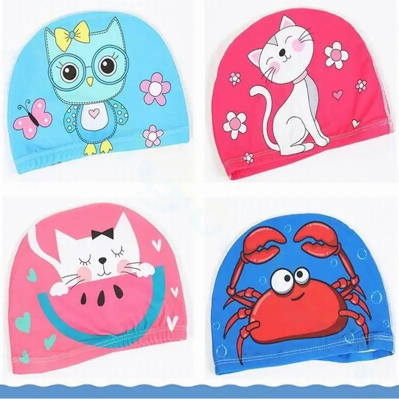 Gorro de natación para niños, bonito gorro de tela de dibujos animados para piscina, deportes acuáticos, protege las orejas, gorros de baño para niños y niñas