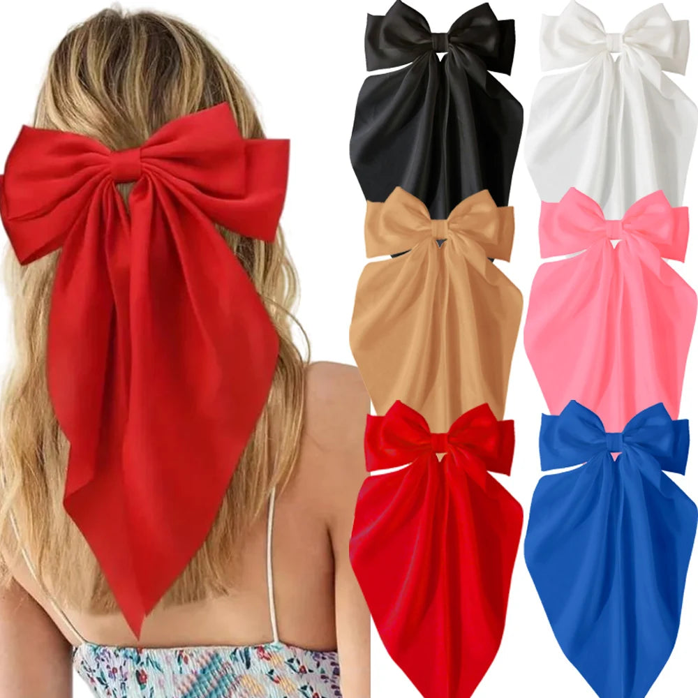 2/3/4/6/12 unids/set satén sedoso cinta con lazo de gran tamaño Clip para el cabello para mujeres pasadores Clips de Metal accesorios estéticos para el cabello