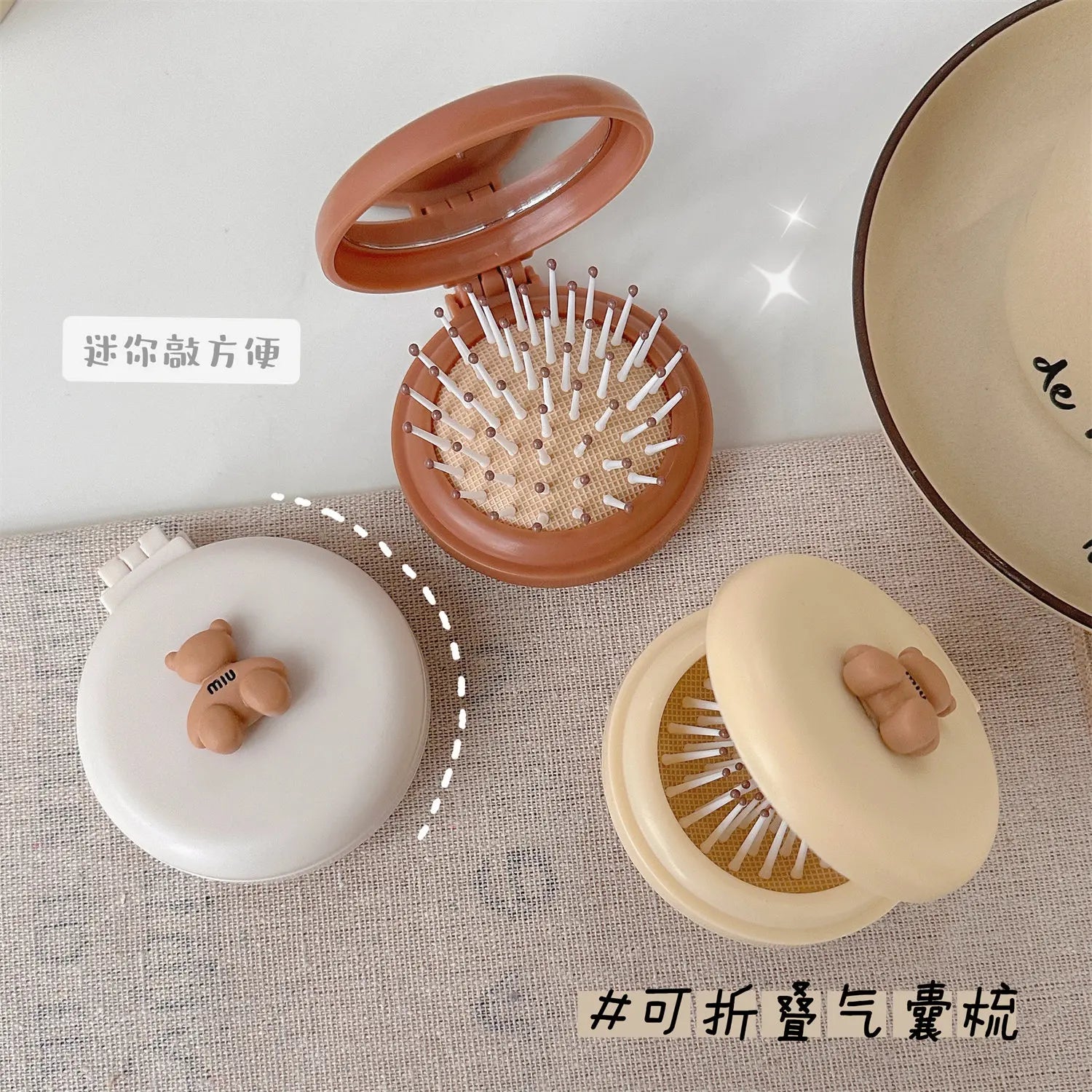 Peine de masaje plegable con espejo de maquillaje, bolsa de aire de plástico portátil para viaje, pequeño cepillo de pelo para niña, pajarita, cojín de aire