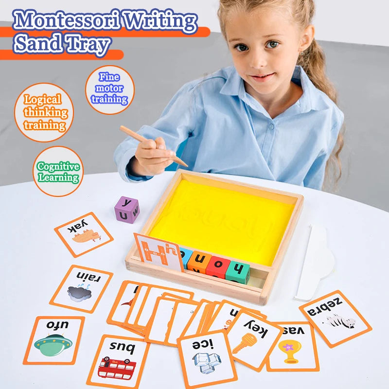 Material didáctico Montessori, caja de arena de madera, trazos de letras, bolígrafo de dibujo de arena para niños, juego de juegos sensoriales controlados, juguete de sopa