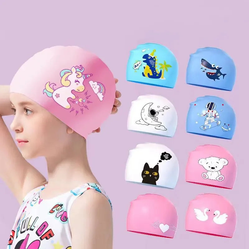 Gorros de natación para niños, protección para los oídos, gorro de natación de silicona suave para niños y niñas, gorro de baño bonito de dibujos animados, accesorios para piscina
