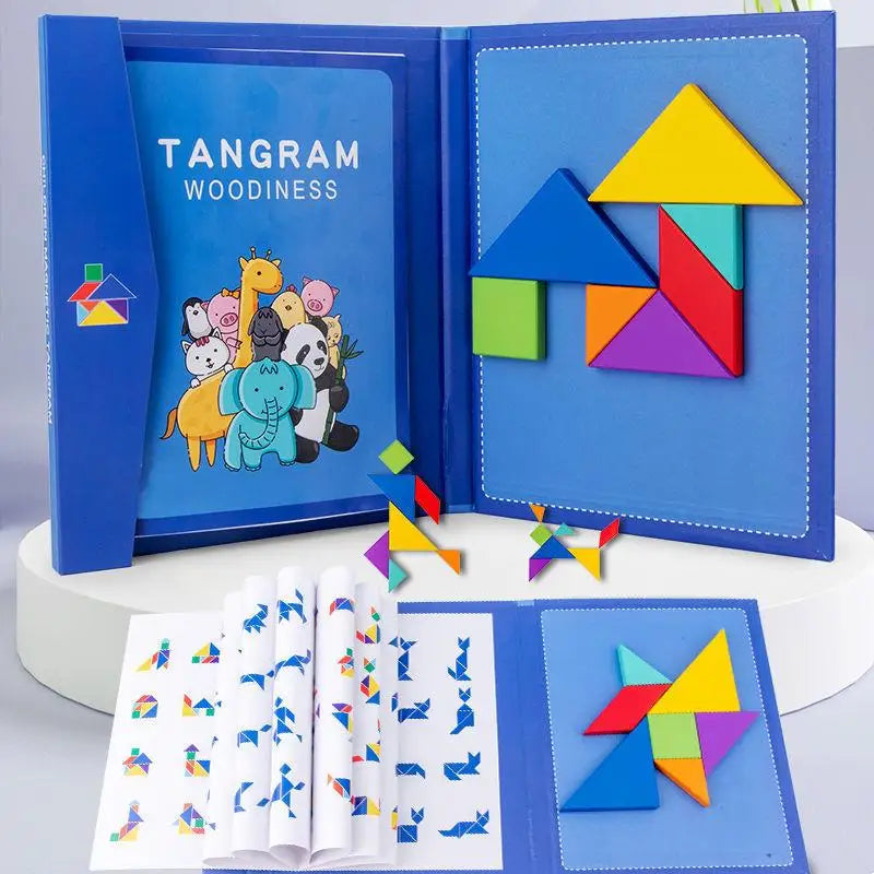 Rompecabezas de madera magnético Tangram, libro de rompecabezas, juguetes educativos para niños, bebé, chico, portátil, aprendizaje de inteligencia Montessori