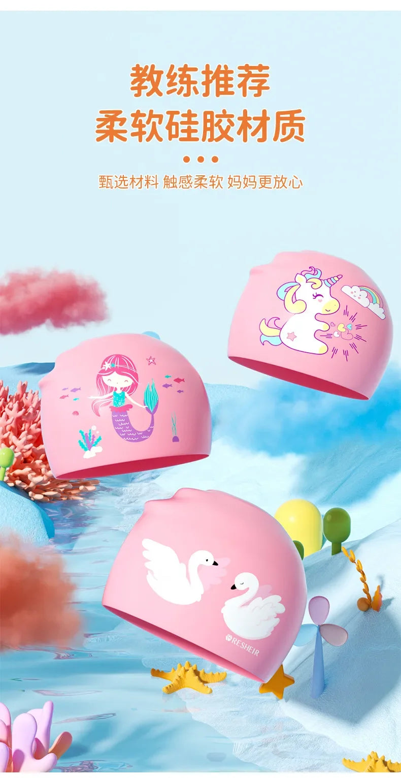 Gorros de natación para niños, protección para los oídos, gorro de natación de silicona suave para niños y niñas, gorro de baño bonito de dibujos animados, accesorios para piscina