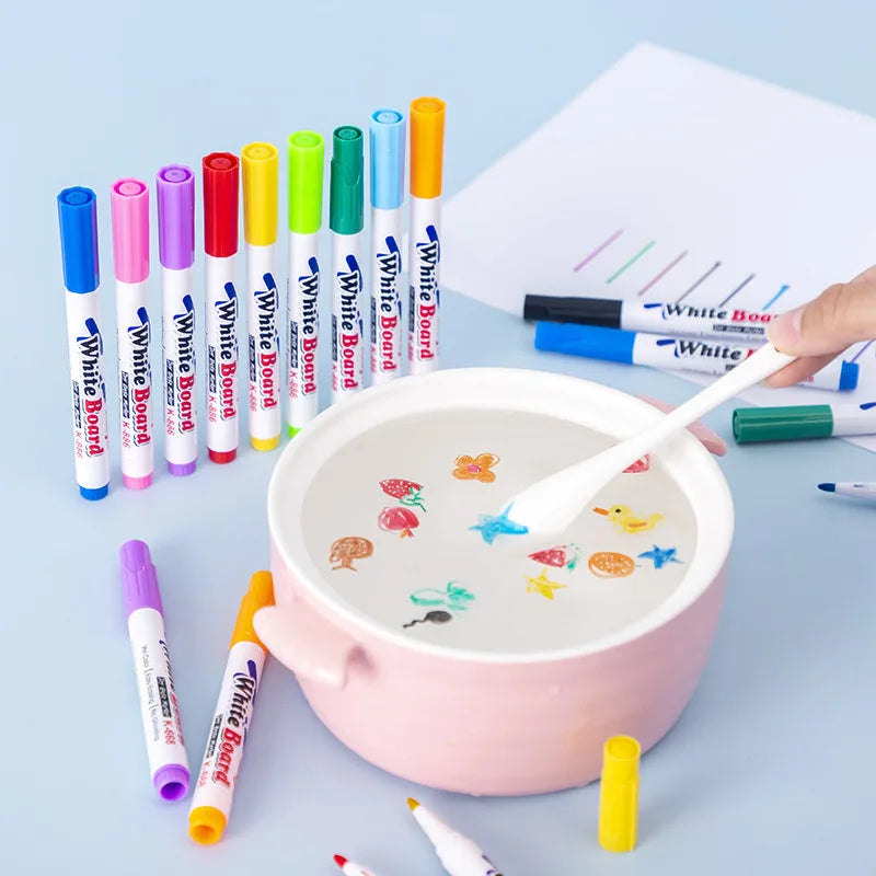 Bolígrafo flotante de agua, bolígrafos de tinta mágica con cuchara, pintura al agua de Color flotante, tiza artística, juego de dibujo de grafiti para niños
