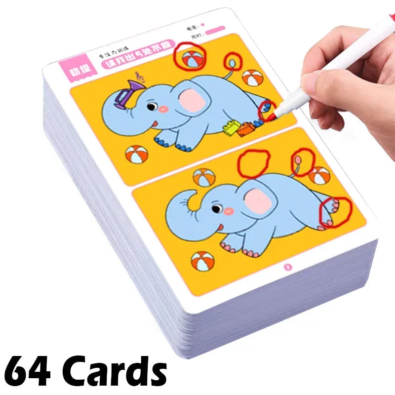 64 Uds. Tarjetas de juego educativas Montessori para niños, juegos de errores, juguetes de educación temprana para bebés, tarjetas reutilizables de entrenamiento de concentración