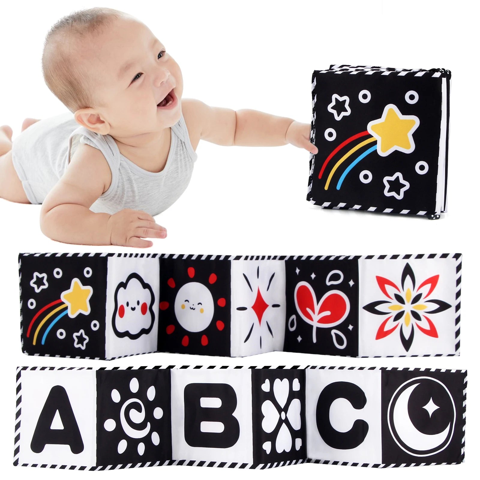 Libro de tela para bebé, juguetes de alto contraste para bebé de 0 a 36 meses, juguetes para cuna para recién nacido, libros de tela sensoriales de animales en blanco y negro, juguetes Montessori