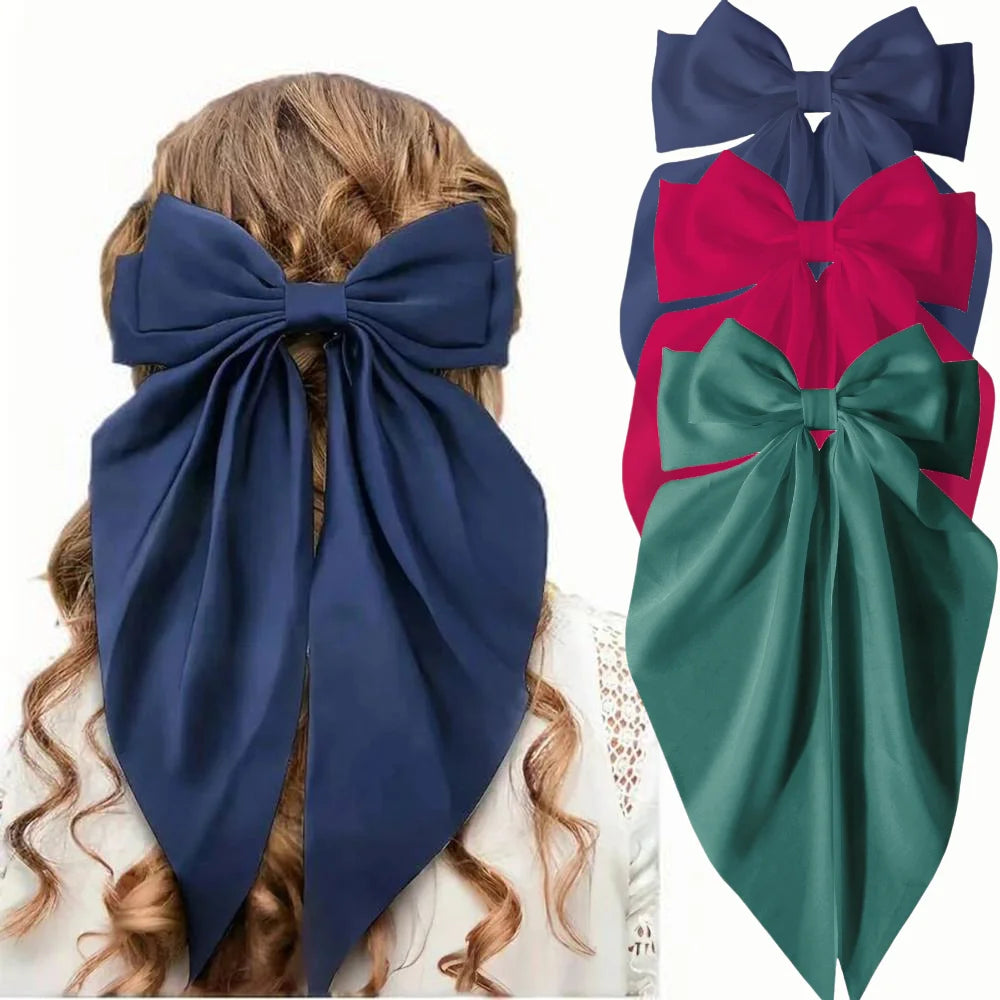 2/3/4/6/12 unids/set satén sedoso cinta con lazo de gran tamaño Clip para el cabello para mujeres pasadores Clips de Metal accesorios estéticos para el cabello