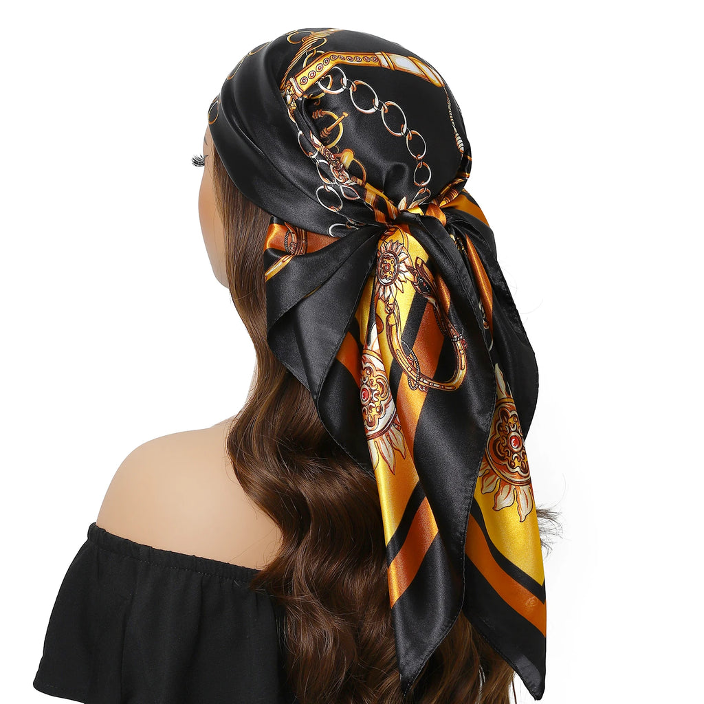 Pañuelo para la cabeza para mujer, marca de lujo, cuadrado, 90x90cm, Foulard de seda, Bandana de satén, pañuelo suave, Hijab, bufandas para el cabello para mujer