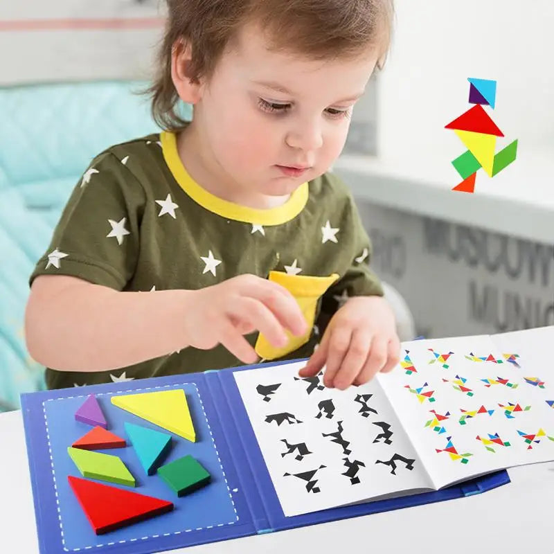 Rompecabezas de madera magnético Tangram, libro de rompecabezas, juguetes educativos para niños, bebé, chico, portátil, aprendizaje de inteligencia Montessori