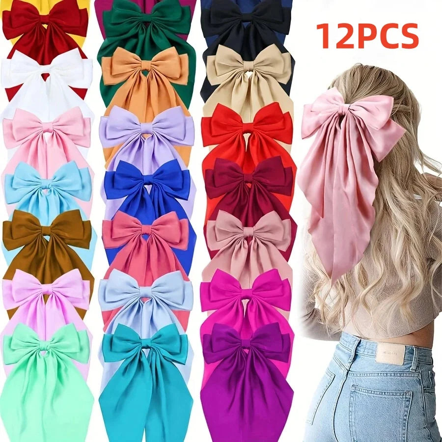2/3/4/6/12 unids/set satén sedoso cinta con lazo de gran tamaño Clip para el cabello para mujeres pasadores Clips de Metal accesorios estéticos para el cabello