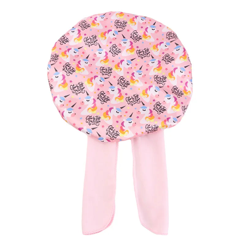 Gorro de dormir con estampado de dibujos animados de arcoíris, gorro de satén para dormir, cuidado del cabello de seda para bebés, gorro de cocina para niños, gorro de seda satinada para dormir en niños pequeños
