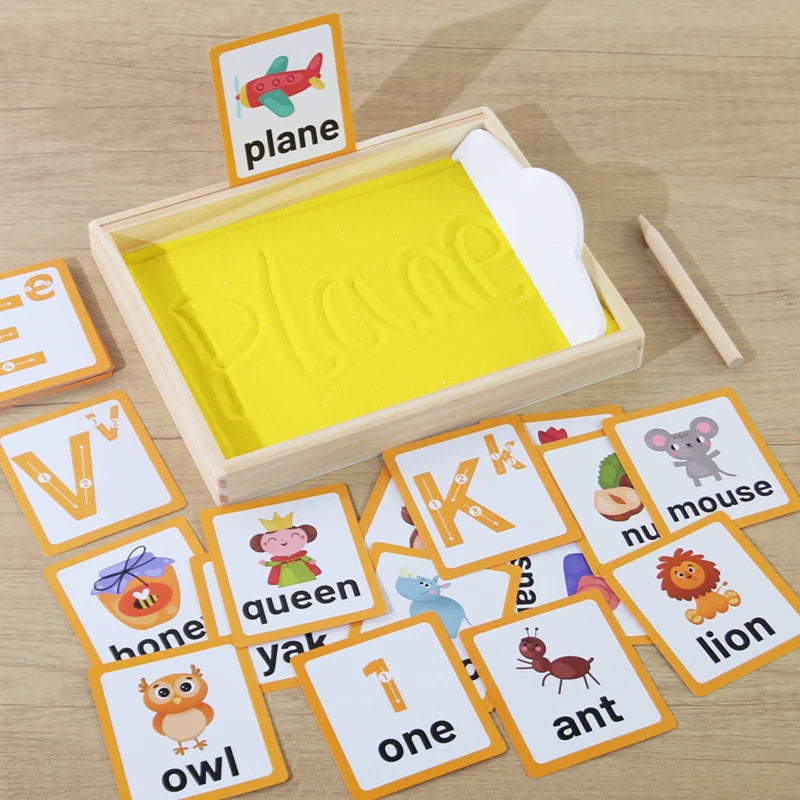 Bandeja de arena Montessori de madera con bolígrafo de madera para escribir letras y números, juguetes educativos para edades tempranas, regalos, juego de fiesta