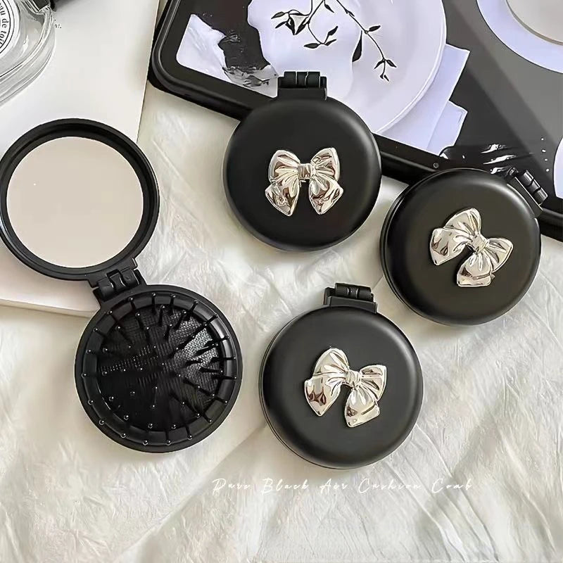 Peine de masaje plegable con espejo de maquillaje, bolsa de aire de plástico portátil para viaje, pequeño cepillo de pelo para niña, pajarita, cojín de aire