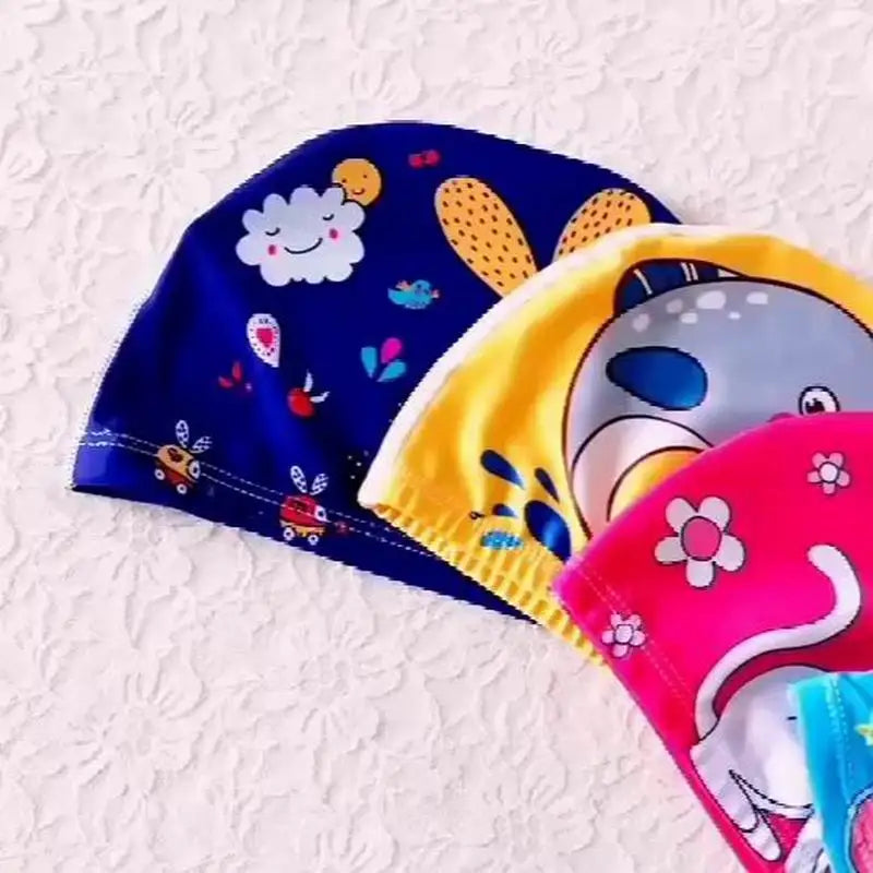 Gorro de natación para niños, bonito gorro de tela de dibujos animados para piscina, deportes acuáticos, protege las orejas, gorros de baño para niños y niñas