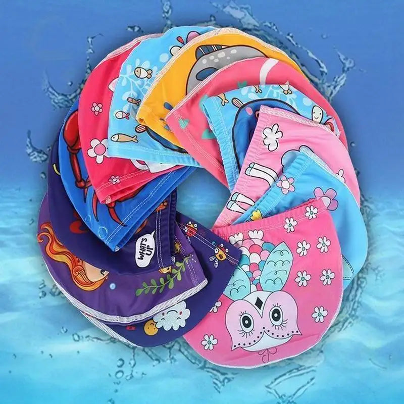 Gorro de natación para niños, bonito gorro de tela de dibujos animados para piscina, deportes acuáticos, protege las orejas, gorros de baño para niños y niñas