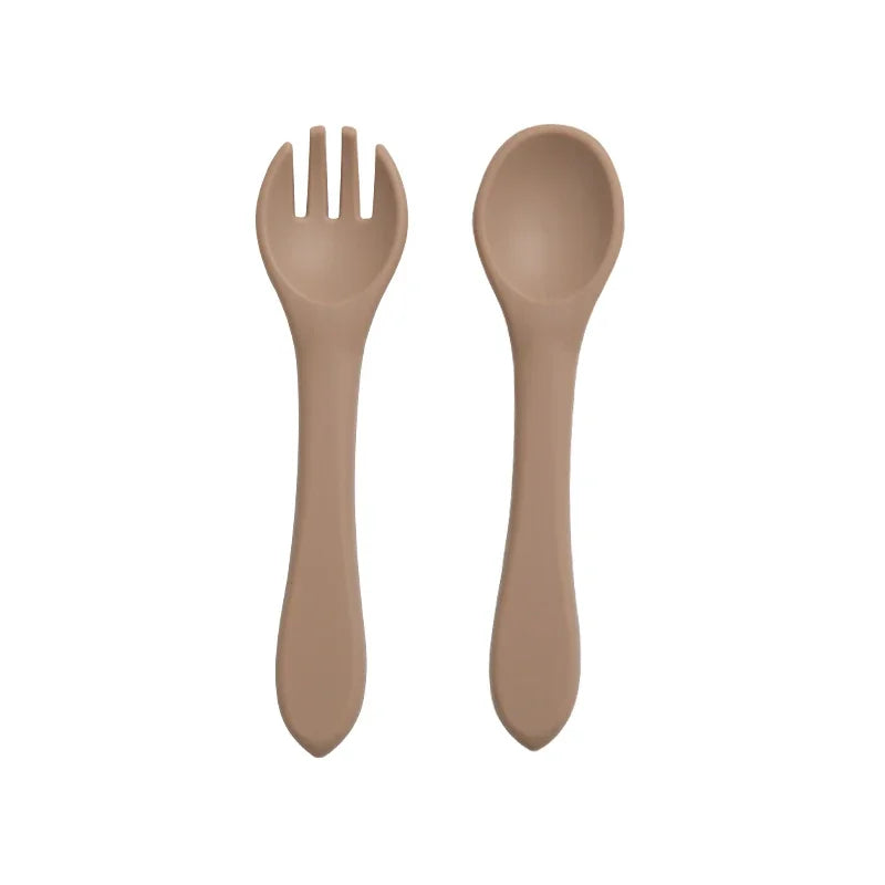 Juego de 2 unidades de tenedor cuchara de entrenamiento de bebé de silicona suave sin BPA, vajilla antideslizante de seguridad para niños, accesorios de alimentación para niños pequeños