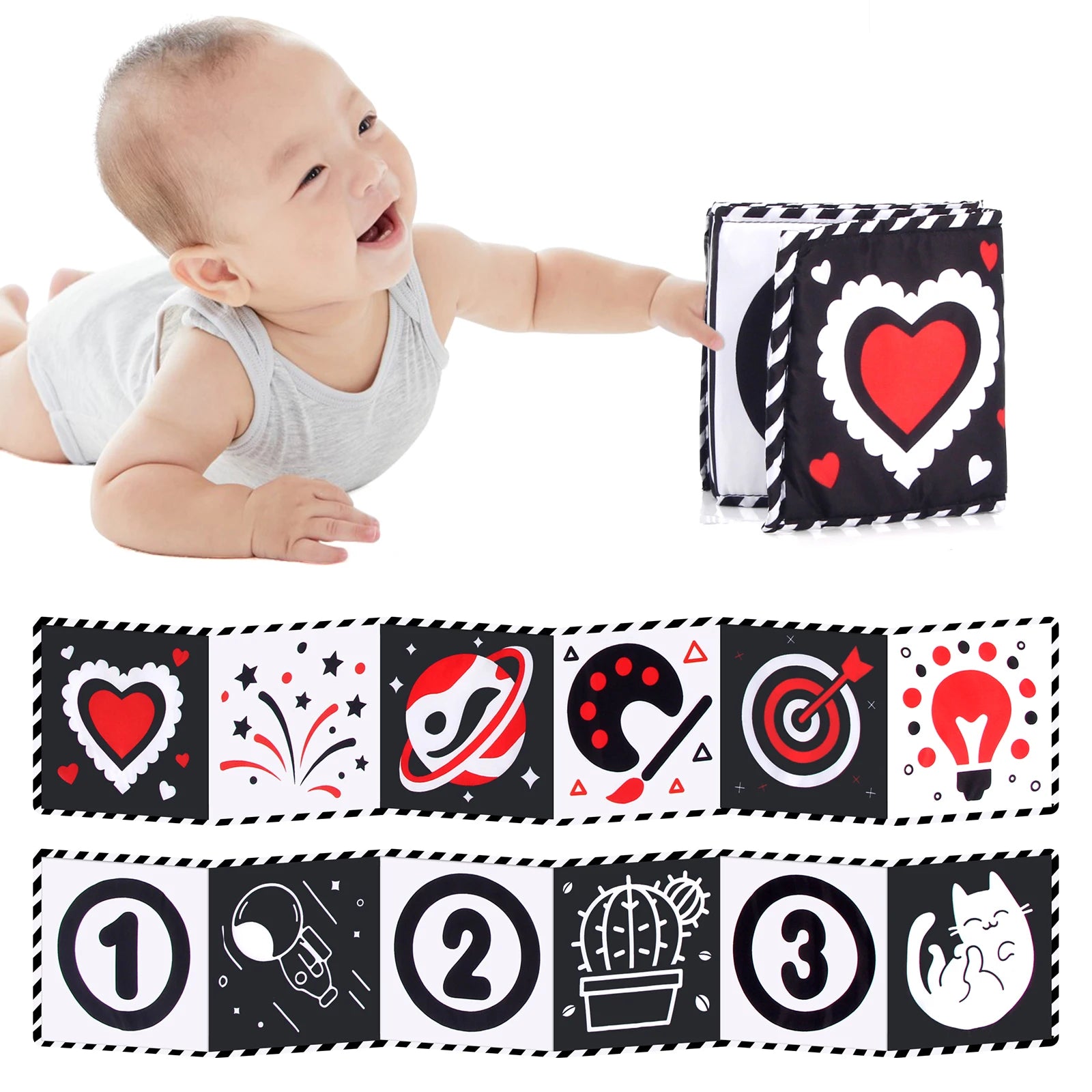 Libro de tela para bebé, juguetes de alto contraste para bebé de 0 a 36 meses, juguetes para cuna para recién nacido, libros de tela sensoriales de animales en blanco y negro, juguetes Montessori
