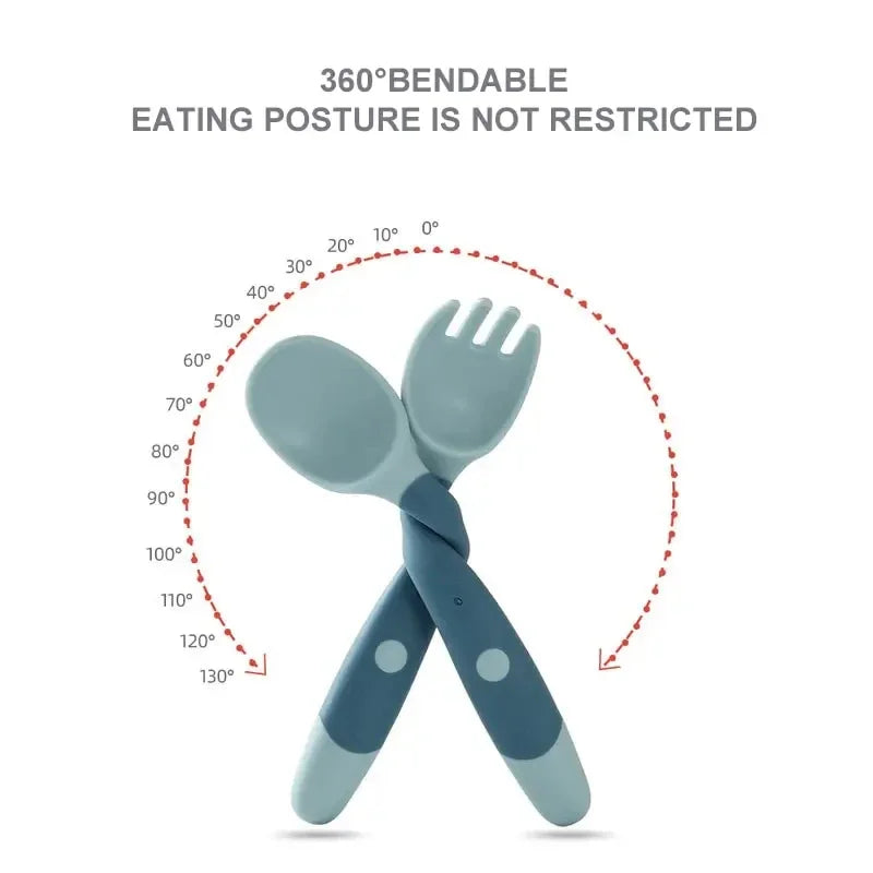 Juego de tenedor y cuchara para bebé, utensilios flexibles para niños pequeños, vajilla de entrenamiento con mango de silicona suave, herramientas de autoalimentación para bebés y niños BP