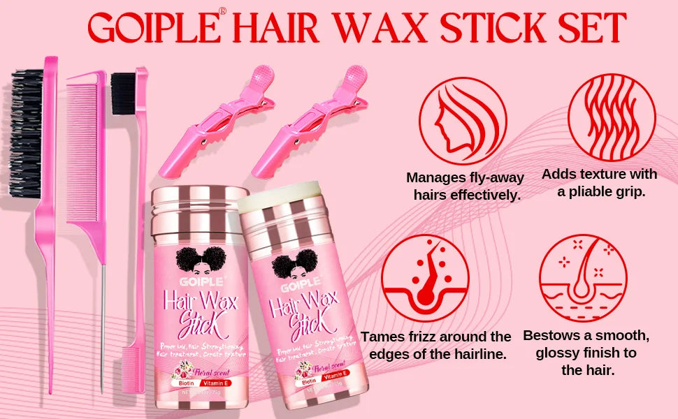 GOIPLE-Juego de peines para el cabello con barra de cera, 75g, sujeción perfecta, acabado para el cabello roto, pomada Tame Flyaways Slick Stick, crema de estilismo con vitamina E