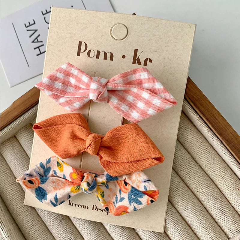 Conjunto de horquillas con lazos bonitos para niñas, flequillo Floral a cuadros, Clip para el cabello, accesorios coreanos para el cabello, tocado dulce para niños, 3 unids/lote