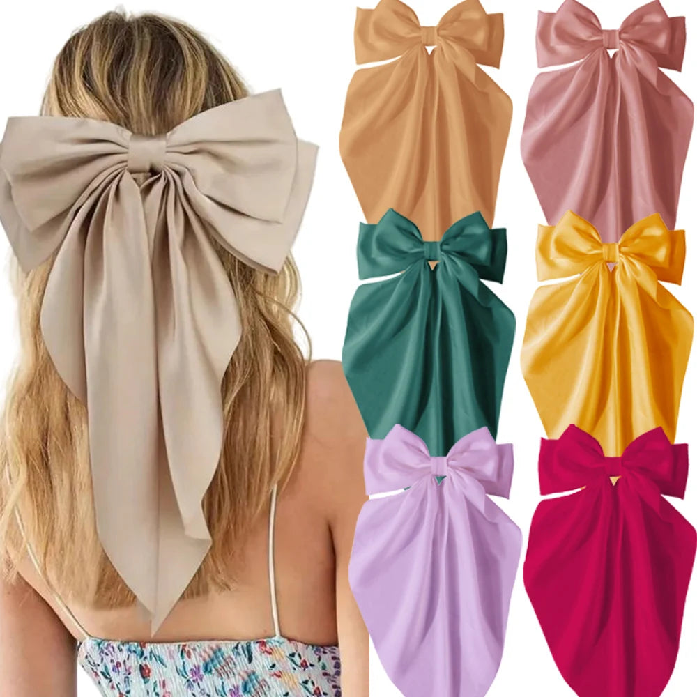 2/3/4/6/12 unids/set satén sedoso cinta con lazo de gran tamaño Clip para el cabello para mujeres pasadores Clips de Metal accesorios estéticos para el cabello