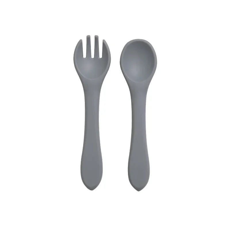 Juego de 2 unidades de tenedor cuchara de entrenamiento de bebé de silicona suave sin BPA, vajilla antideslizante de seguridad para niños, accesorios de alimentación para niños pequeños