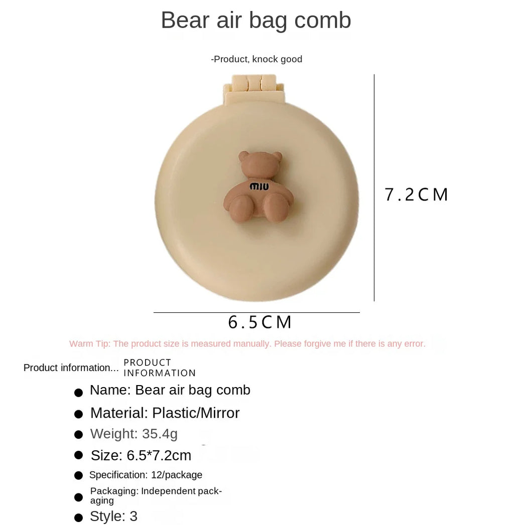 Peine de masaje plegable con espejo de maquillaje, bolsa de aire de plástico portátil para viaje, pequeño cepillo de pelo para niña, pajarita, cojín de aire