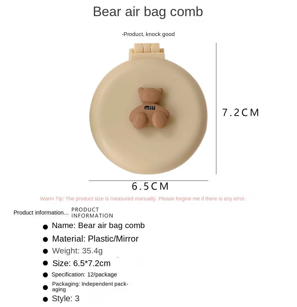 Peine de masaje plegable con espejo de maquillaje, bolsa de aire de plástico portátil para viaje, pequeño cepillo de pelo para niña, pajarita, cojín de aire
