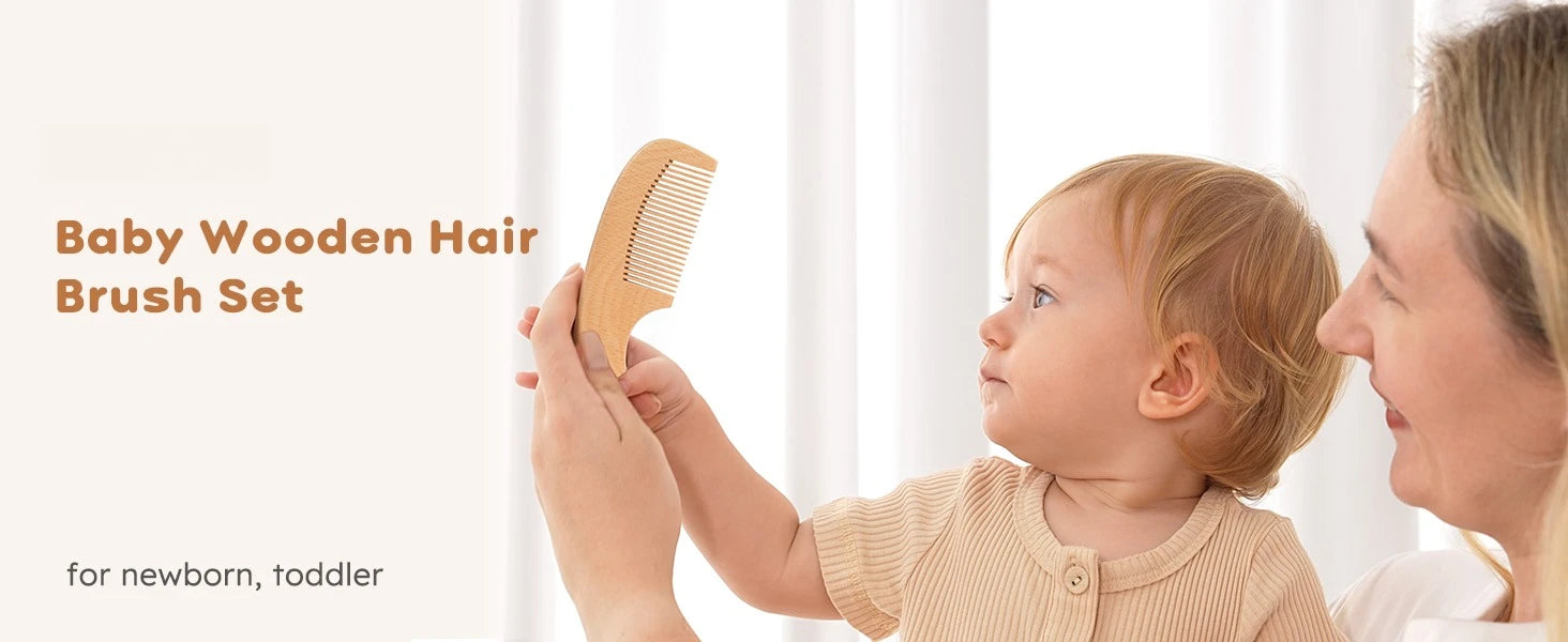 Juego de 4 Uds de cepillos y peines para bebé, cepillo de masaje de pelo de cabra Natural Ultra suave de madera para recién nacido, juego de peines para niño y niña