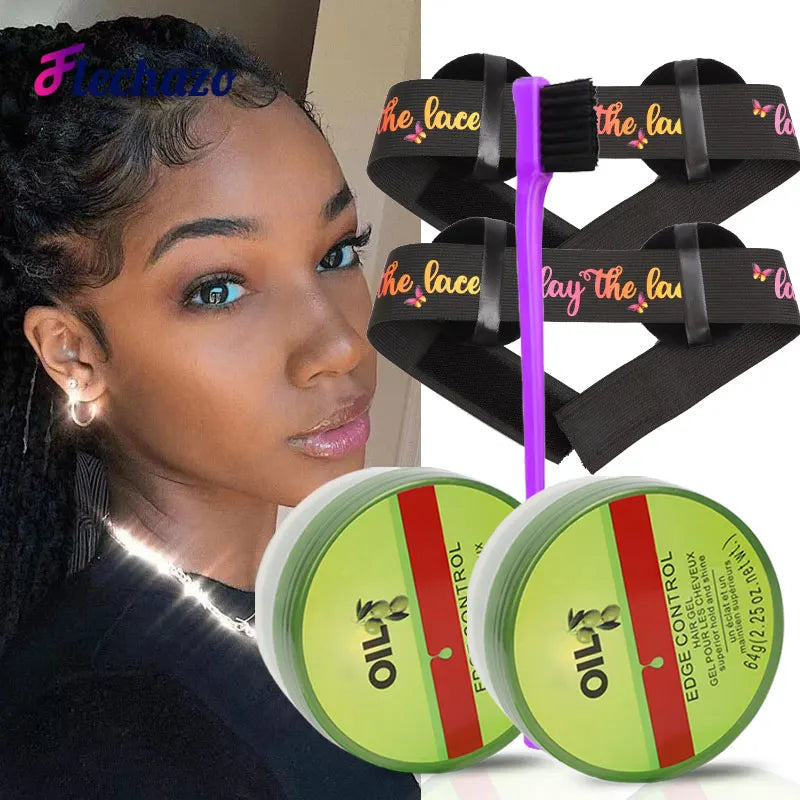 Cera de Control de bordes para mujer, Gel de Control de bordes de aceite de oliva con cepillo, cuchara, crema más suave para bordes de cabello de bebé, 2,25 Oz