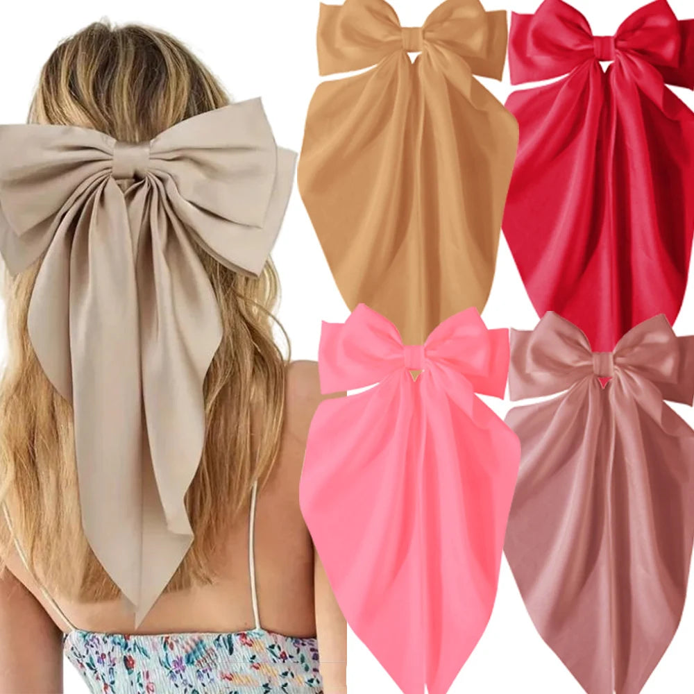 2/3/4/6/12 unids/set satén sedoso cinta con lazo de gran tamaño Clip para el cabello para mujeres pasadores Clips de Metal accesorios estéticos para el cabello