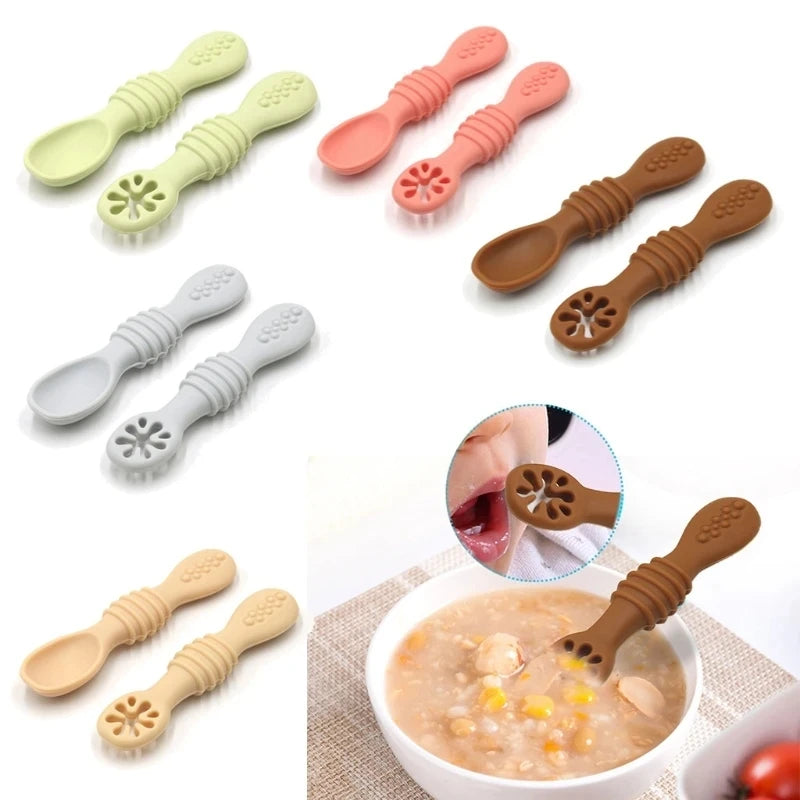 Juego de cucharas de aprendizaje para bebé, cuchara adhesiva de silicona de calidad alimentaria, cubiertos para niños, cuchara de entrenamiento, vajilla de alimentación, 2 uds.